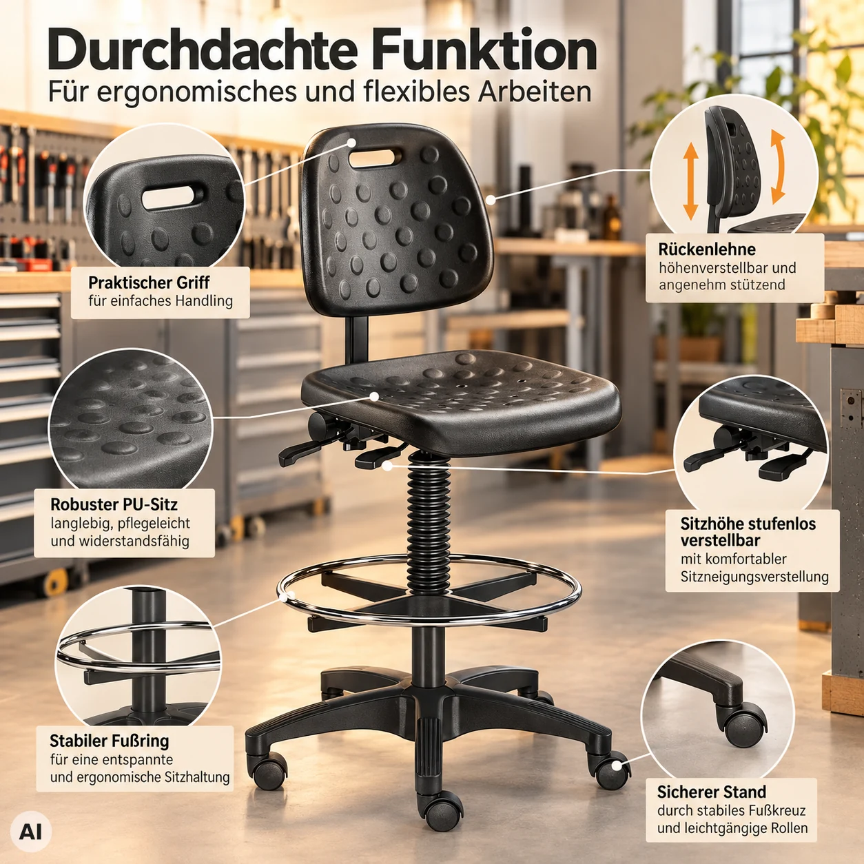 Factory 3 - PU-Arbeitshocker mit Rückenlehne und Fußring