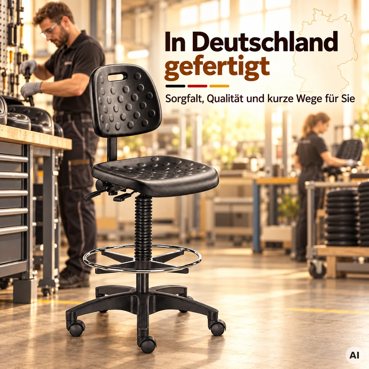 Factory 3 - PU-Arbeitshocker mit Rückenlehne und Fußring